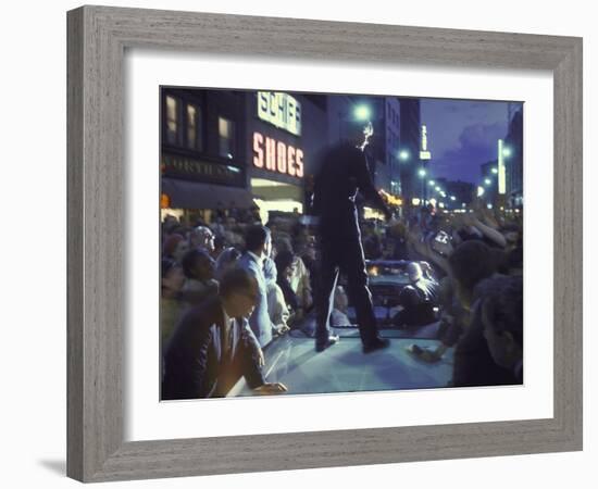 Presidential Candidate Robert Kennedy Standing on Back of Convertible Car While Campaigning-Bill Eppridge-Framed Photographic Print