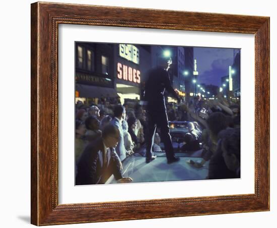 Presidential Candidate Robert Kennedy Standing on Back of Convertible Car While Campaigning-Bill Eppridge-Framed Photographic Print