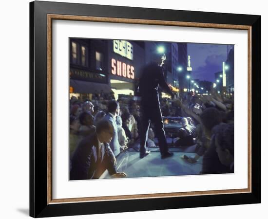 Presidential Candidate Robert Kennedy Standing on Back of Convertible Car While Campaigning-Bill Eppridge-Framed Photographic Print