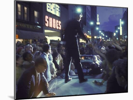 Presidential Candidate Robert Kennedy Standing on Back of Convertible Car While Campaigning-Bill Eppridge-Mounted Photographic Print