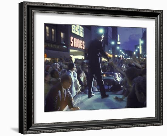 Presidential Candidate Robert Kennedy Standing on Back of Convertible Car While Campaigning-Bill Eppridge-Framed Photographic Print