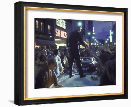 Presidential Candidate Robert Kennedy Standing on Back of Convertible Car While Campaigning-Bill Eppridge-Framed Photographic Print