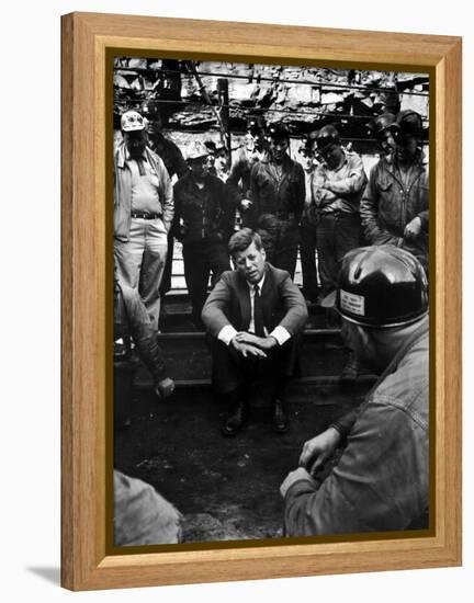 Presidential Candidate, Sen. John Kennedy Chatting with Miners, Campaigning During Primaries-Hank Walker-Framed Premier Image Canvas