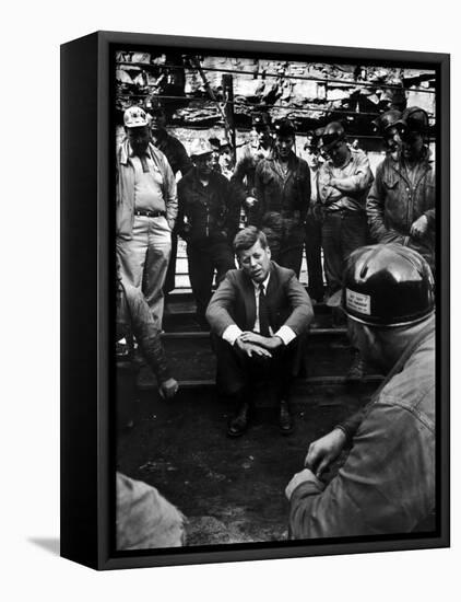 Presidential Candidate, Sen. John Kennedy Chatting with Miners, Campaigning During Primaries-Hank Walker-Framed Premier Image Canvas