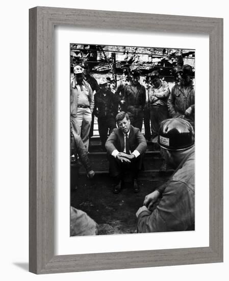 Presidential Candidate, Sen. John Kennedy Chatting with Miners, Campaigning During Primaries-Hank Walker-Framed Photographic Print