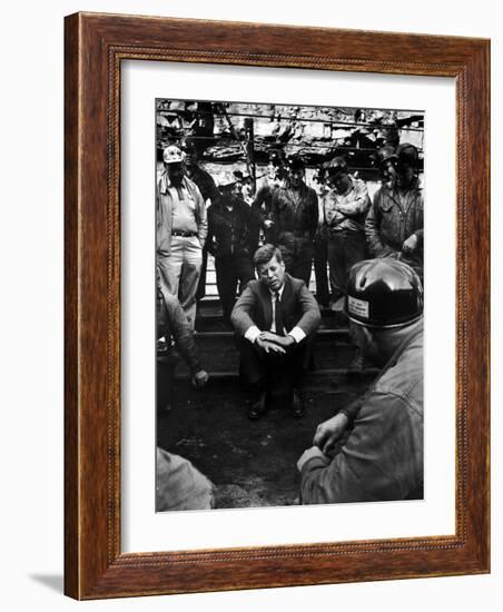 Presidential Candidate, Sen. John Kennedy Chatting with Miners, Campaigning During Primaries-Hank Walker-Framed Photographic Print