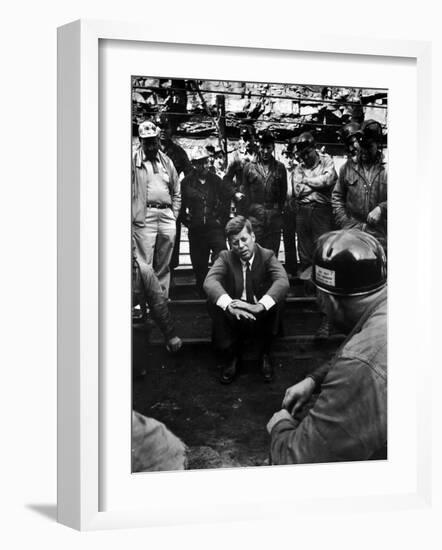 Presidential Candidate, Sen. John Kennedy Chatting with Miners, Campaigning During Primaries-Hank Walker-Framed Photographic Print