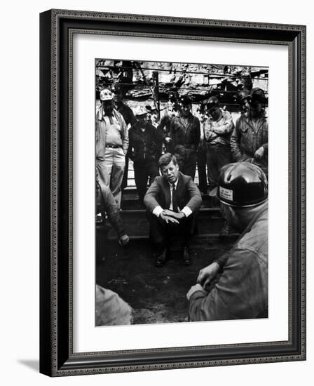 Presidential Candidate, Sen. John Kennedy Chatting with Miners, Campaigning During Primaries-Hank Walker-Framed Photographic Print