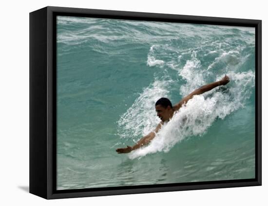 Presidential Candidate Senator Barack Obama, On Vacation, Body Surfing at a Beach, Honolulu, Hawaii-null-Framed Premier Image Canvas