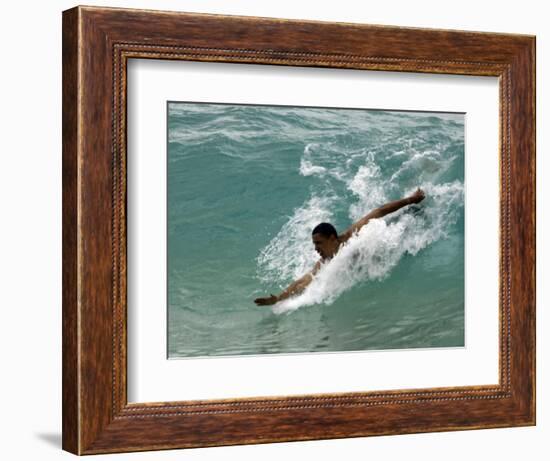 Presidential Candidate Senator Barack Obama, On Vacation, Body Surfing at a Beach, Honolulu, Hawaii-null-Framed Photographic Print