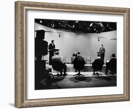 Presidential Candidates Senator John Kennedy and Rep. Richard Nixon Standing at Lecterns Debating-Francis Miller-Framed Photographic Print