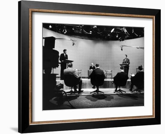 Presidential Candidates Senator John Kennedy and Rep. Richard Nixon Standing at Lecterns Debating-Francis Miller-Framed Photographic Print