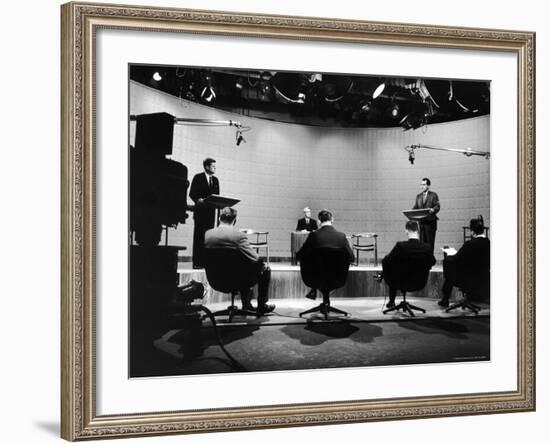 Presidential Candidates Senator John Kennedy and Rep. Richard Nixon Standing at Lecterns Debating-Francis Miller-Framed Photographic Print