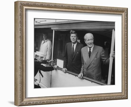 Presidential Yacht Cruising on Potomac River with Pres. John F. Kennedy and Harold Macmillan Aboard-Ed Clark-Framed Photographic Print