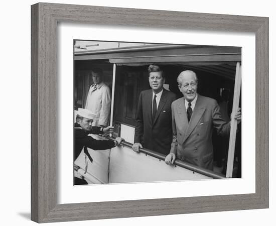 Presidential Yacht Cruising on Potomac River with Pres. John F. Kennedy and Harold Macmillan Aboard-Ed Clark-Framed Photographic Print