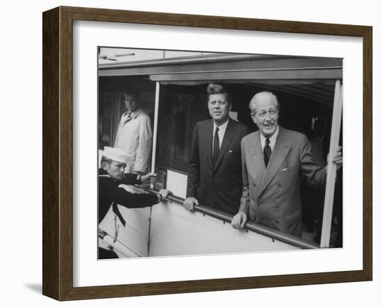 Presidential Yacht Cruising on Potomac River with Pres. John F. Kennedy and Harold Macmillan Aboard-Ed Clark-Framed Photographic Print