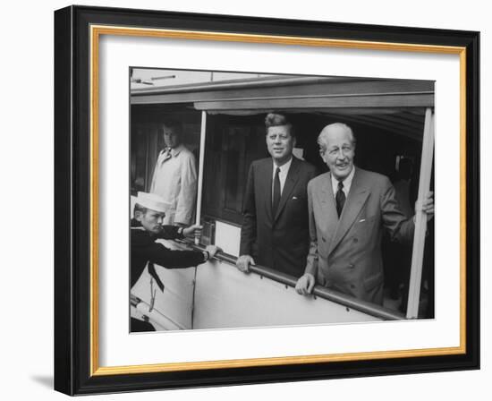 Presidential Yacht Cruising on Potomac River with Pres. John F. Kennedy and Harold Macmillan Aboard-Ed Clark-Framed Photographic Print