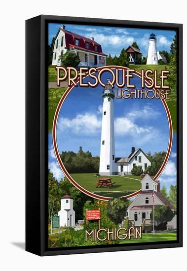 Presque Isle, Michigan - Lighthouse Montage-Lantern Press-Framed Stretched Canvas