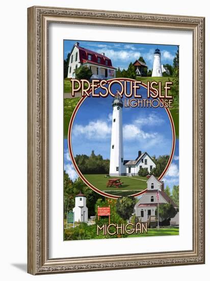 Presque Isle, Michigan - Lighthouse Montage-Lantern Press-Framed Art Print