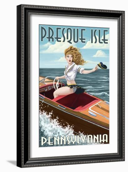 Presque Isle, Pennsylvania - Pinup Girl Boating-Lantern Press-Framed Art Print