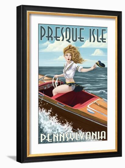 Presque Isle, Pennsylvania - Pinup Girl Boating-Lantern Press-Framed Art Print