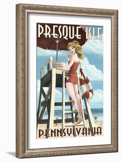 Presque Isle, Pennsylvania - Pinup Girl Lifeguard-Lantern Press-Framed Art Print