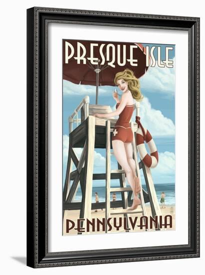 Presque Isle, Pennsylvania - Pinup Girl Lifeguard-Lantern Press-Framed Art Print