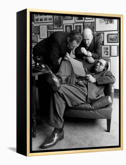 Press Agent Steve Hannagan on Phone as Assist. Joe Copps and Larry Smits Listen to His Conversation-Alfred Eisenstaedt-Framed Premier Image Canvas