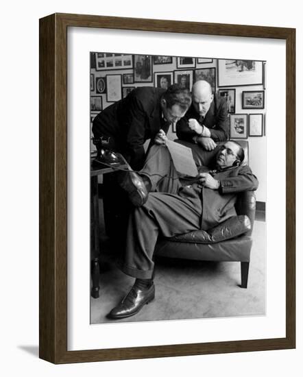 Press Agent Steve Hannagan on Phone as Assist. Joe Copps and Larry Smits Listen to His Conversation-Alfred Eisenstaedt-Framed Photographic Print