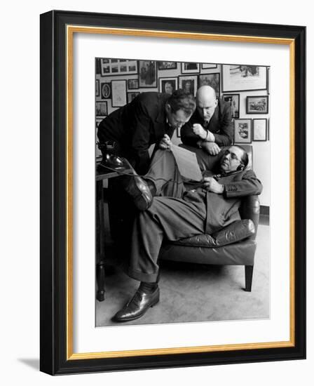 Press Agent Steve Hannagan on Phone as Assist. Joe Copps and Larry Smits Listen to His Conversation-Alfred Eisenstaedt-Framed Photographic Print