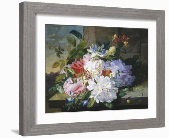 Pretty Still Life of Roses, Rhododendron and Passionflower-John Wainwright-Framed Giclee Print