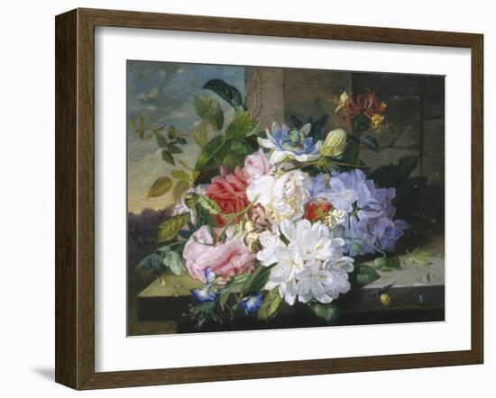 Pretty Still Life of Roses, Rhododendron and Passionflower-John Wainwright-Framed Giclee Print