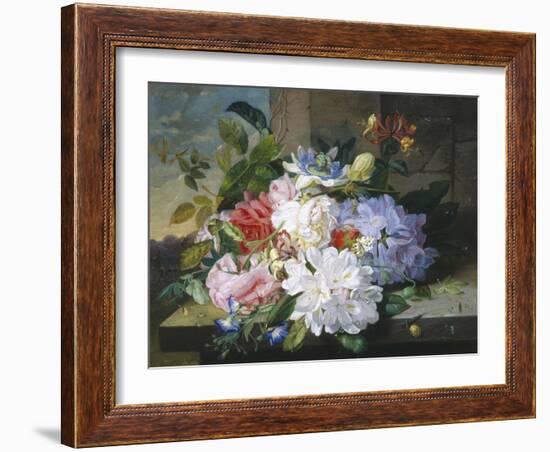 Pretty Still Life of Roses, Rhododendron and Passionflower-John Wainwright-Framed Giclee Print