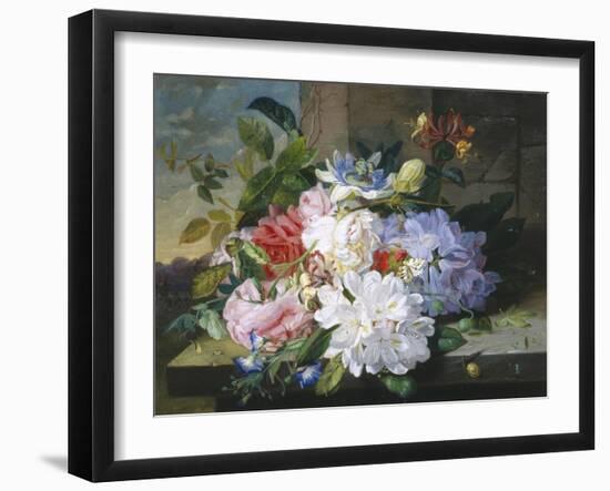 Pretty Still Life of Roses, Rhododendron and Passionflower-John Wainwright-Framed Giclee Print