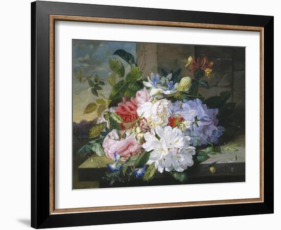 Pretty Still Life of Roses, Rhododendron and Passionflower-John Wainwright-Framed Giclee Print