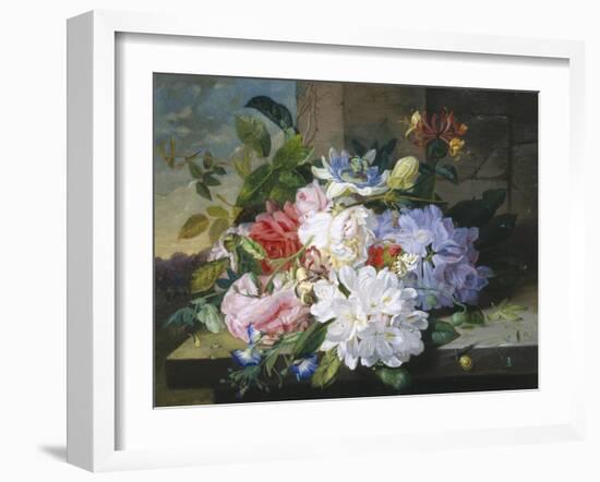 Pretty Still Life of Roses, Rhododendron and Passionflower-John Wainwright-Framed Giclee Print