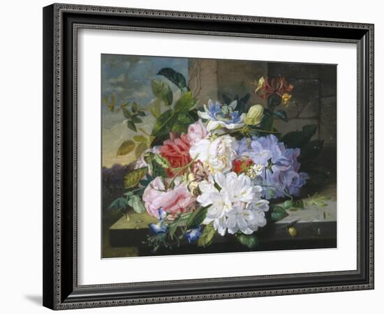 Pretty Still Life of Roses, Rhododendron and Passionflower-John Wainwright-Framed Giclee Print