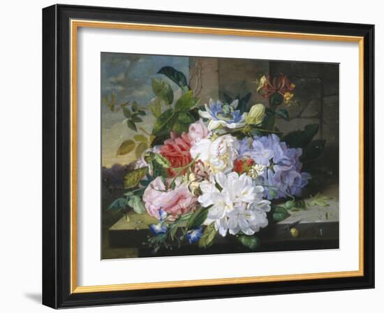 Pretty Still Life of Roses, Rhododendron and Passionflower-John Wainwright-Framed Giclee Print