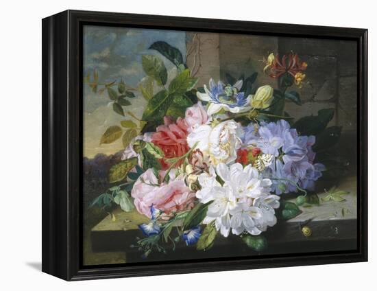 Pretty Still Life of Roses, Rhododendron and Passionflower-John Wainwright-Framed Premier Image Canvas