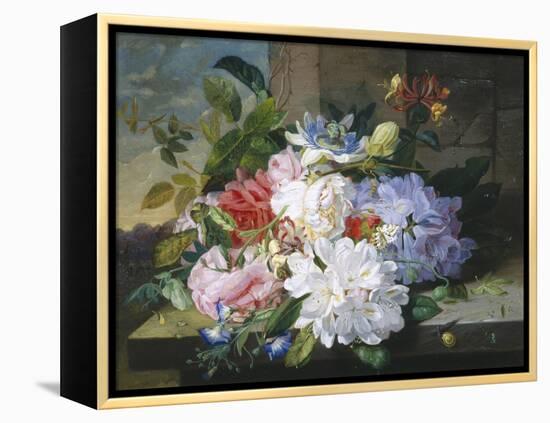 Pretty Still Life of Roses, Rhododendron and Passionflower-John Wainwright-Framed Premier Image Canvas