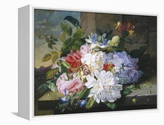 Pretty Still Life of Roses, Rhododendron and Passionflower-John Wainwright-Framed Premier Image Canvas
