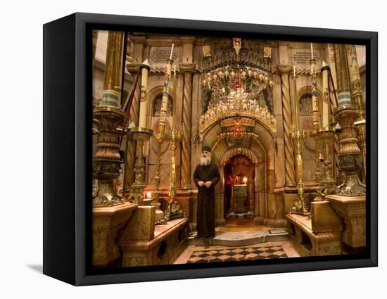 Priest at Tomb of Jesus Christ, Church of Holy Sepulchre, Old Walled City, Jerusalem, Israel-Christian Kober-Framed Premier Image Canvas