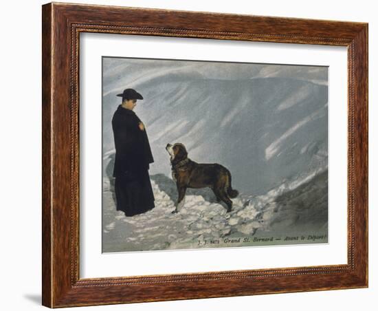 Priest from the Hospice on the St. Bernard Pass with One of the Famous Rescue Dogs-null-Framed Photographic Print