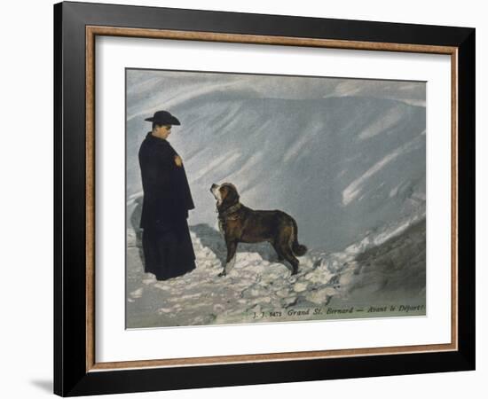 Priest from the Hospice on the St. Bernard Pass with One of the Famous Rescue Dogs-null-Framed Photographic Print