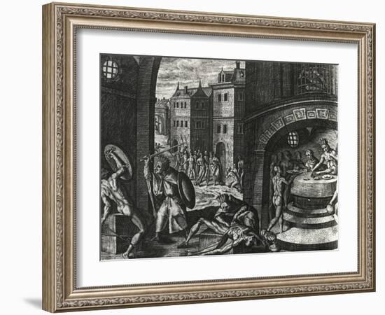 Priest Kills Victim of Fake Fight and Then Skins Body, Mexico, Engraving from Peregrinationes-Theodor de Bry-Framed Giclee Print