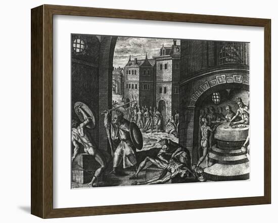 Priest Kills Victim of Fake Fight and Then Skins Body, Mexico, Engraving from Peregrinationes-Theodor de Bry-Framed Giclee Print