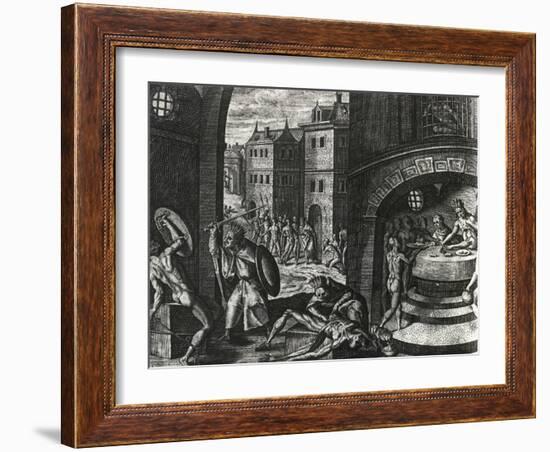Priest Kills Victim of Fake Fight and Then Skins Body, Mexico, Engraving from Peregrinationes-Theodor de Bry-Framed Giclee Print