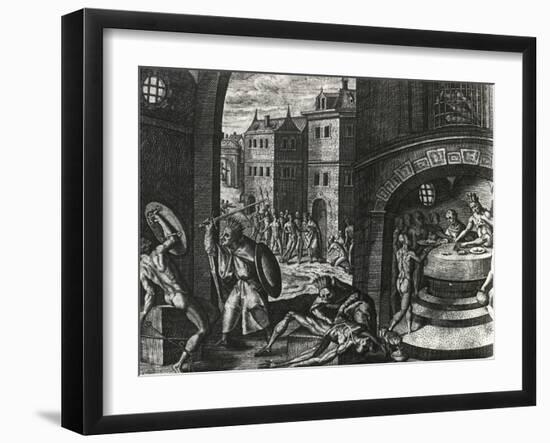 Priest Kills Victim of Fake Fight and Then Skins Body, Mexico, Engraving from Peregrinationes-Theodor de Bry-Framed Giclee Print