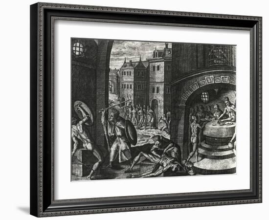 Priest Kills Victim of Fake Fight and Then Skins Body, Mexico, Engraving from Peregrinationes-Theodor de Bry-Framed Giclee Print