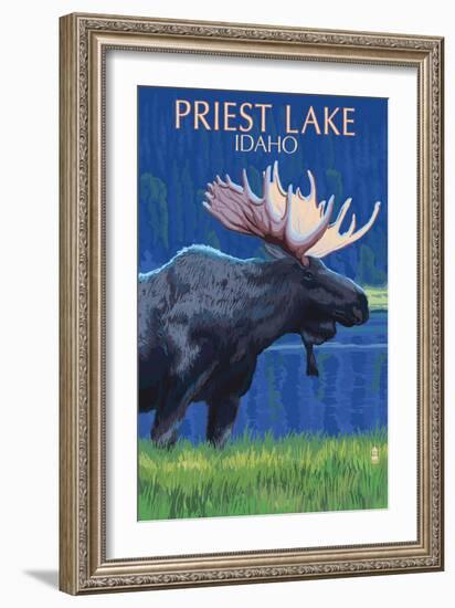 Priest Lake, Idaho - Moose at Night-Lantern Press-Framed Art Print